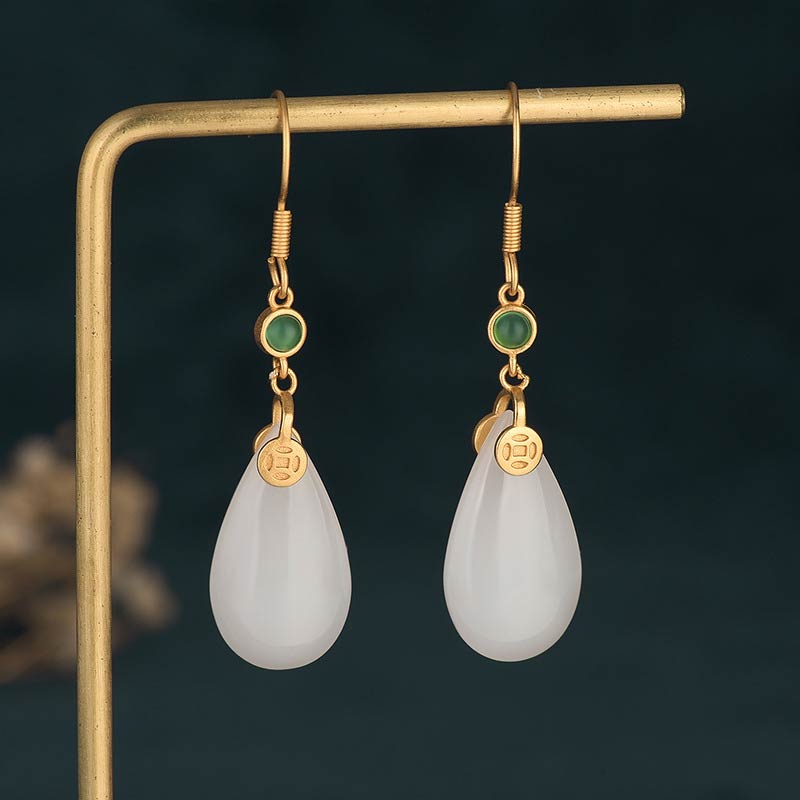 Fortune Jewel FengShui White Jade Luck Drop Earrings