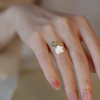 Fortune Jewel 14K Gold Plated Tridacna Stone Rose Flower Jade Bead Blessing Ring