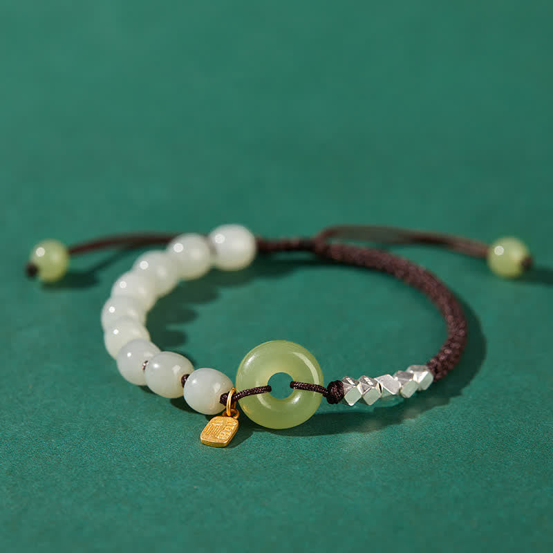 Fortune Jewel 925 Sterling Silver Hetian Jade Peace Buckle Beaded Luck Happiness Charm Bracelet