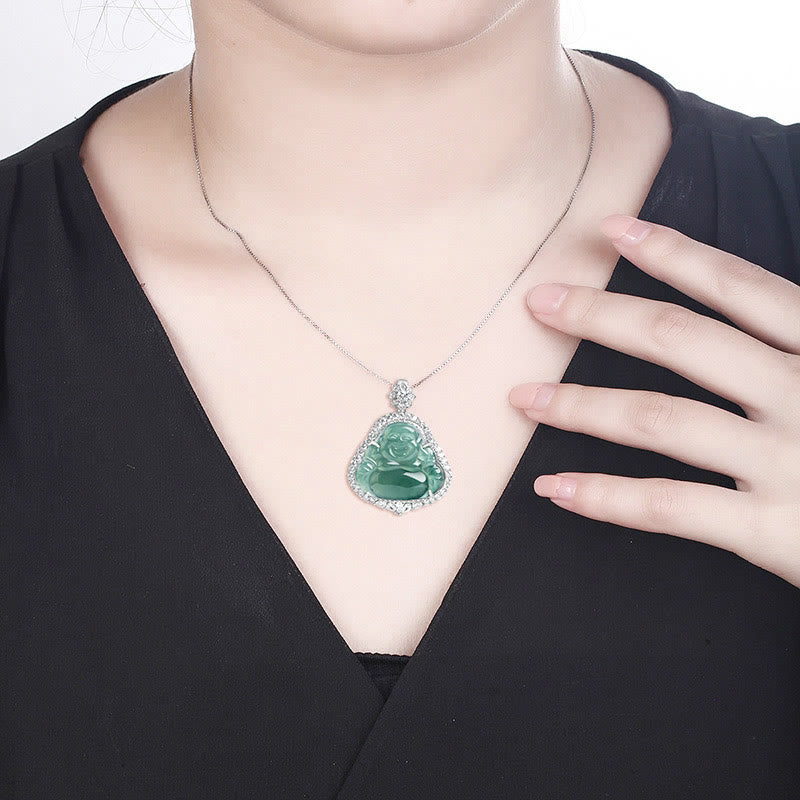 Fortune Jewel Laughing Buddha Natural Jade Luck Abundance Titanium Steel Chain Necklace Pendant Fortune Jewel