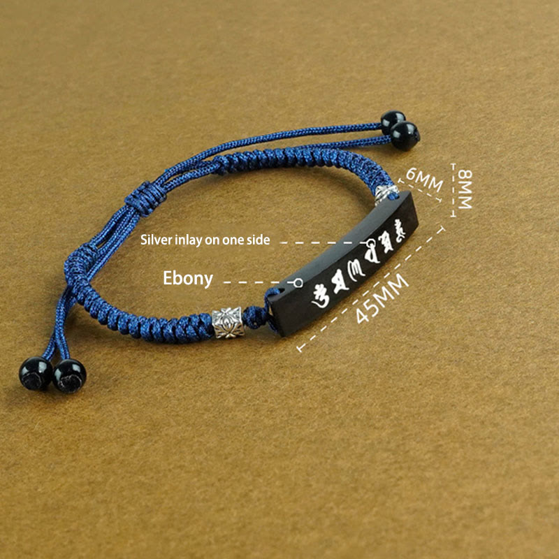 Fortune Jewel Buddhism Six True Words Wood Ebony Wood Silver Inlaid Protection Bracelet
