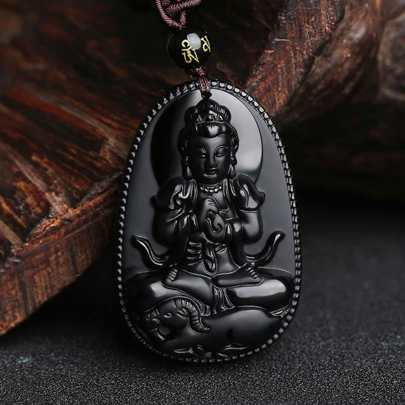 Fortune Jewel Chinese Zodiac Natal Buddha Natural Black Obsidian Purification Necklace Pendant