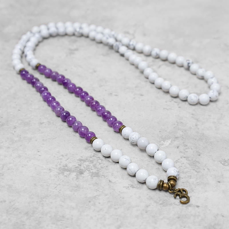 Fortune Jewel 108 Mala Beads Amethyst White Turquoise OM Healing Meditation Energy Bracelet