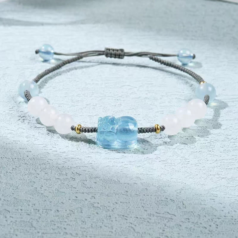 Fortune Jewel Natural Aquamarine PiXiu Hetian White Jade Healing Bracelet