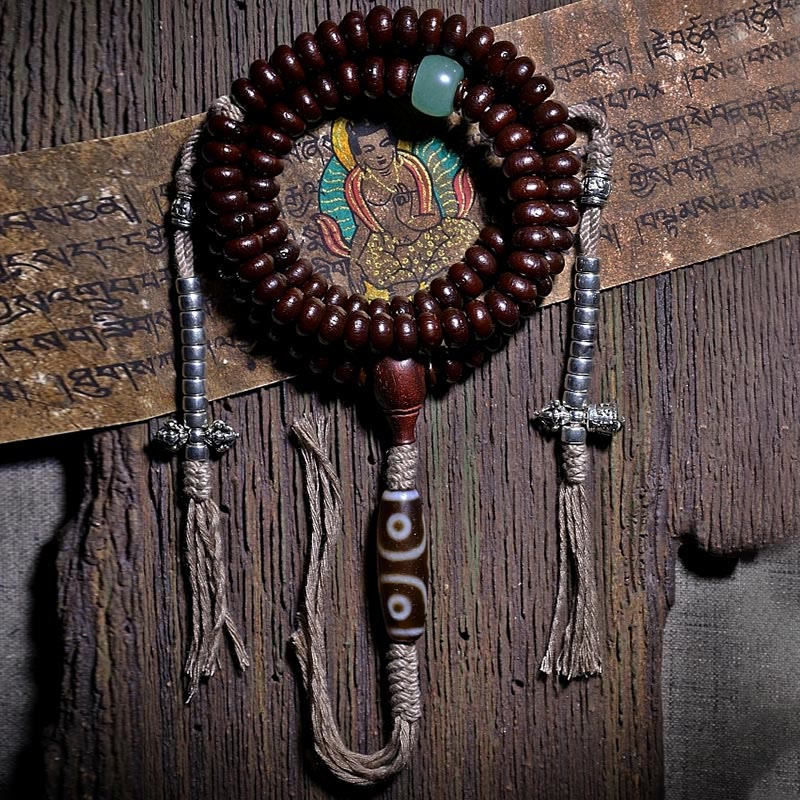 Fortune Jewel Natural Tibet 108 Mala Beads Purple Bodhi Seed Three-eyed Dzi Bead Copper Dorje Harmony Bracelet