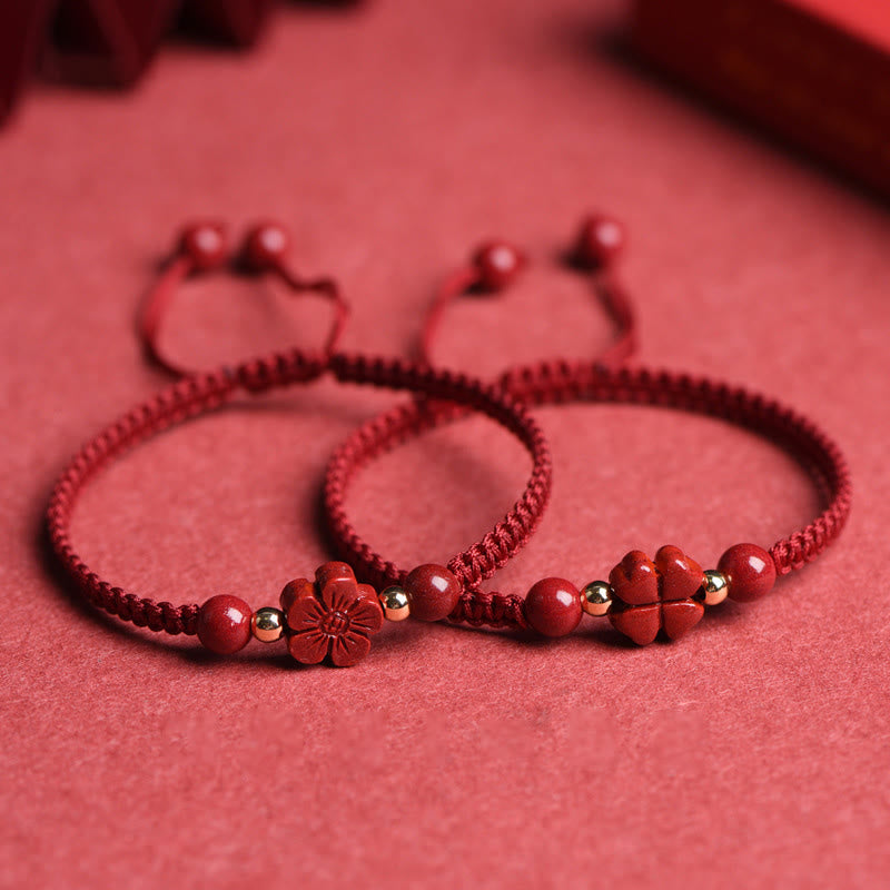 Fortune Jewel Four Leaf Clover Five-petal Flower Cinnabar Blessing Red String Bracelet