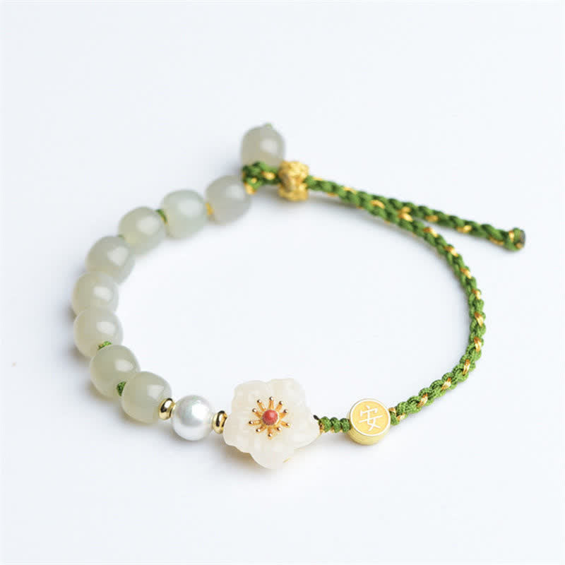 Fortune Jewel 925 Sterling Silver Natural Hetian Jade Peach Blossom Luck Bracelet