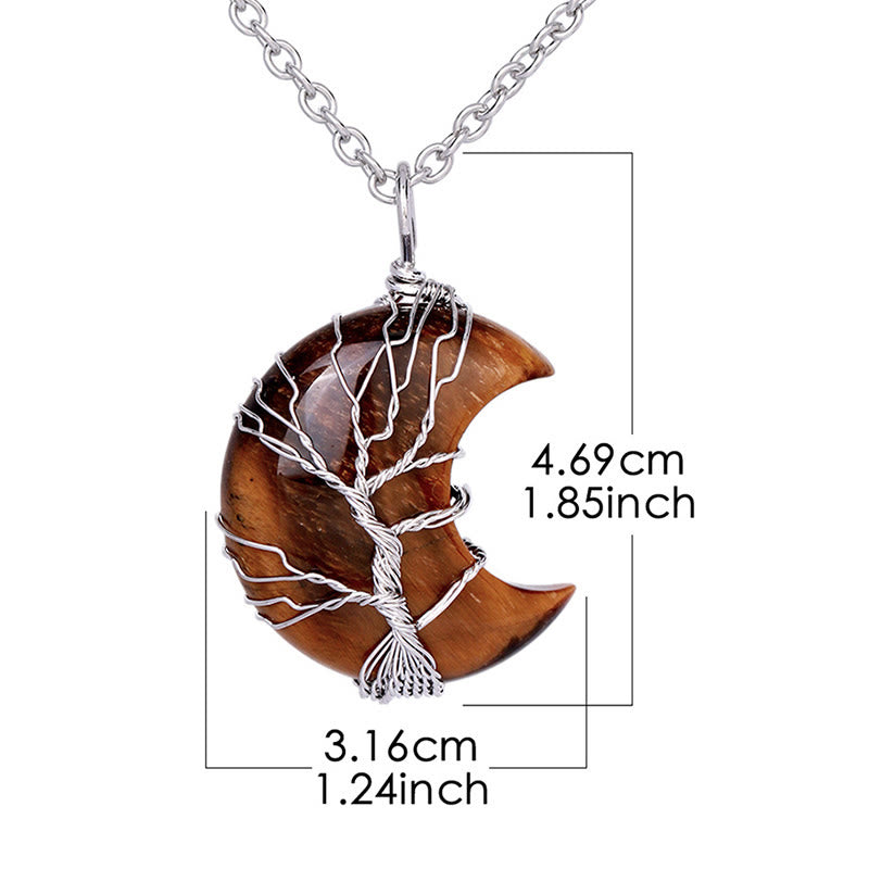 Fortune Jewel Natural Quartz Crystal Moon Tree Of Life Healing Energy Necklace Pendant