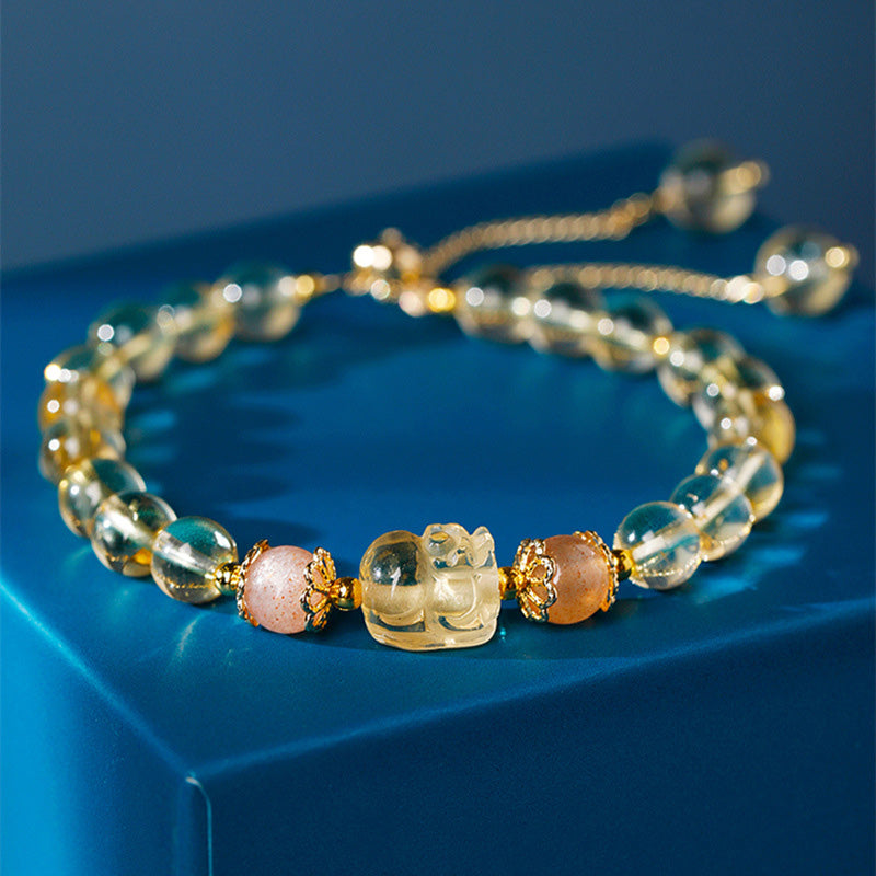 Fortune Jewel Aquamarine Strawberry Quartz Amethyst Moonstone PiXiu Healing Bracelet