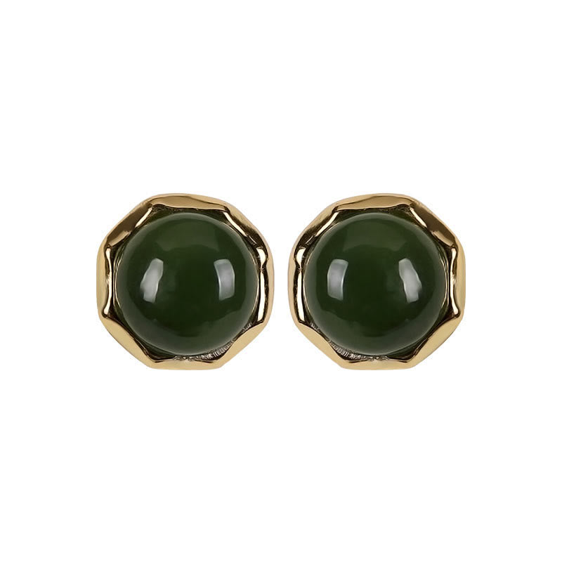 Fortune Jewel 925 Sterling Silver Plated Gold Natural Hetian Cyan Jade Bead Luck Stud Earrings