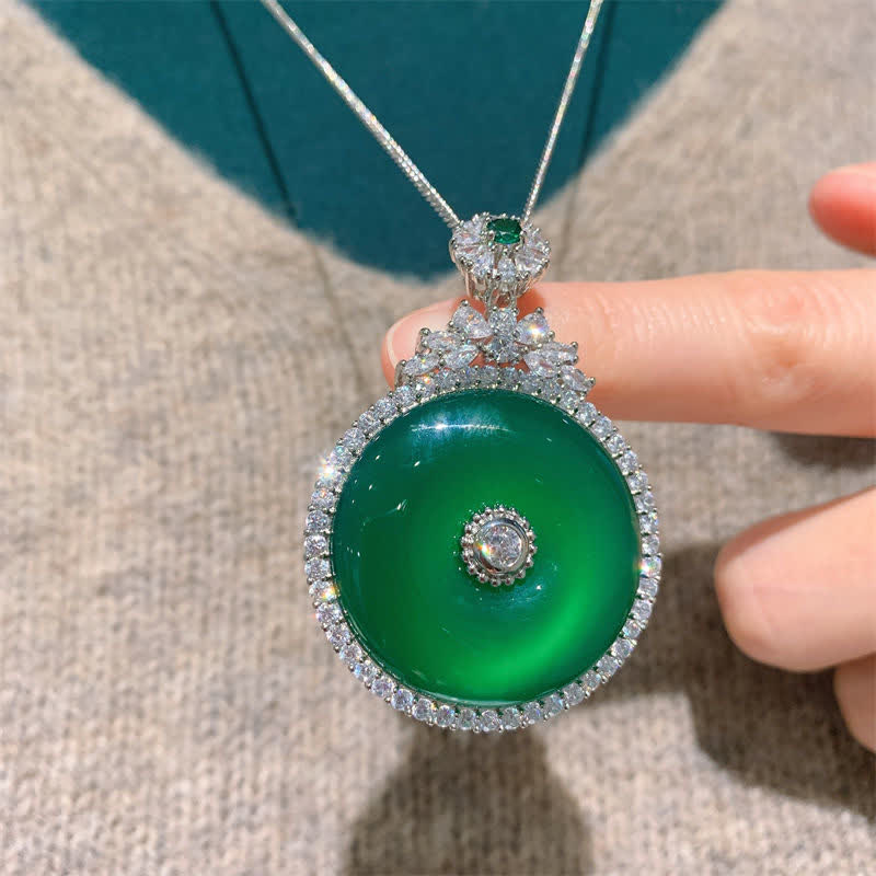 Fortune Jewel Green Chalcedony Round Peace Buckle Strength Necklace Pendant