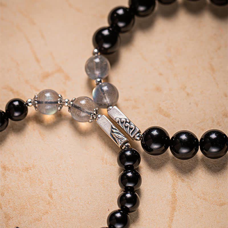 Fortune Jewel 925 Sterling Silver Obsidian Moonstone Strength Couple Bracelet