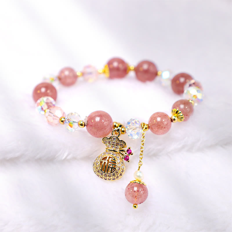 Fortune Jewel Natural Strawberry Quartz Crystal Money Bag Charm Positive Bracelet