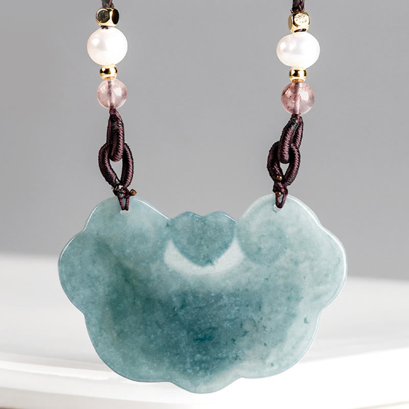 Fortune Jewel Natural Jade Peony Flower Lock of Good Wishes Prosperity Necklace Pendant
