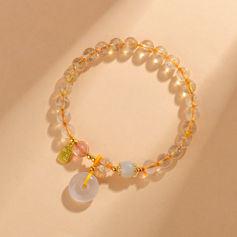 Fortune Jewel Natural Golden Rutilated Quartz Fu Character Peace Buckle Charm Wealth Bracelet