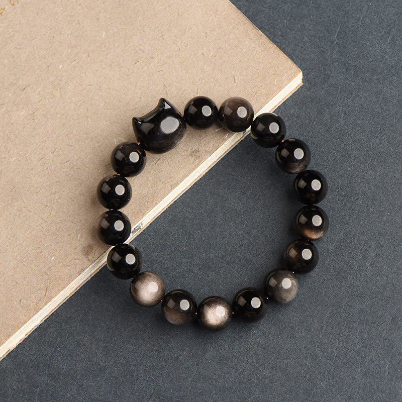 Fortune Jewel Gold Sheen Obsidian Silver Sheen Obsidian Lovely Paw Lucky Cat Protection Bracelet