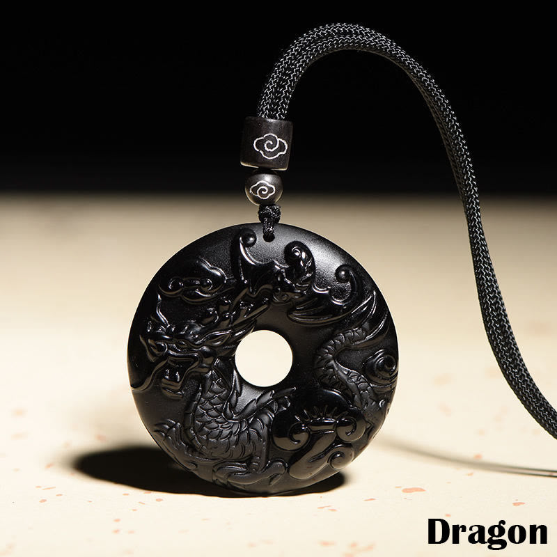 Fortune Jewel Chinese Zodiac Natural Black Obsidian Peace Buckle Strength Necklace Pendant