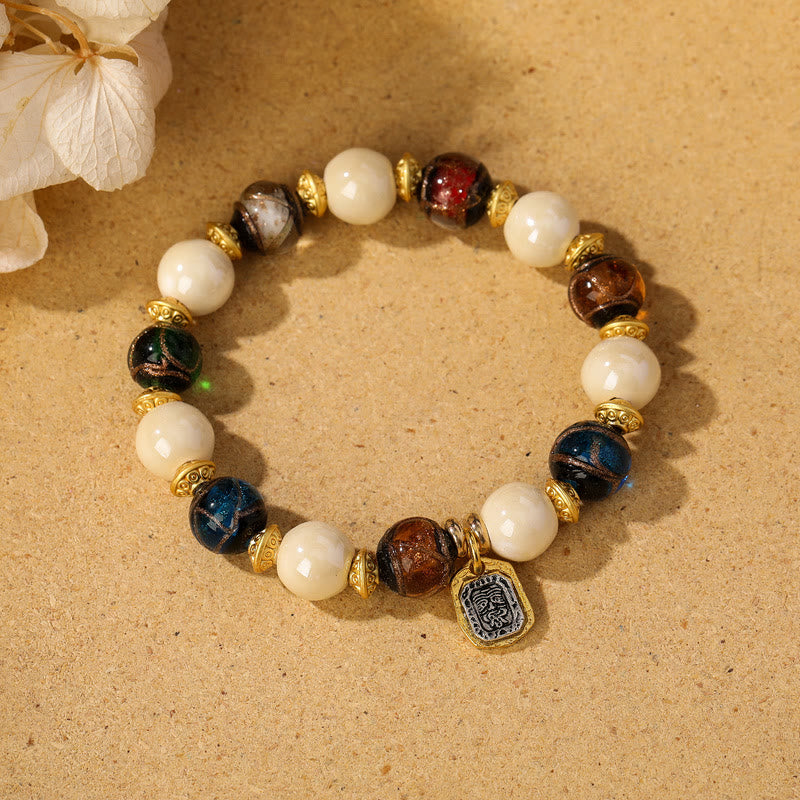 Fortune Jewel Tibetan Zakiram Goddess of Wealth Charm Liuli Glass Incense Ash Porcelain Bead Protection Bracelet