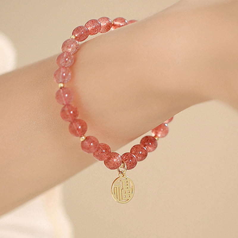 Fortune Jewel 14K Gold Plated Strawberry Quartz Fu Character Healing Charm Bracelet