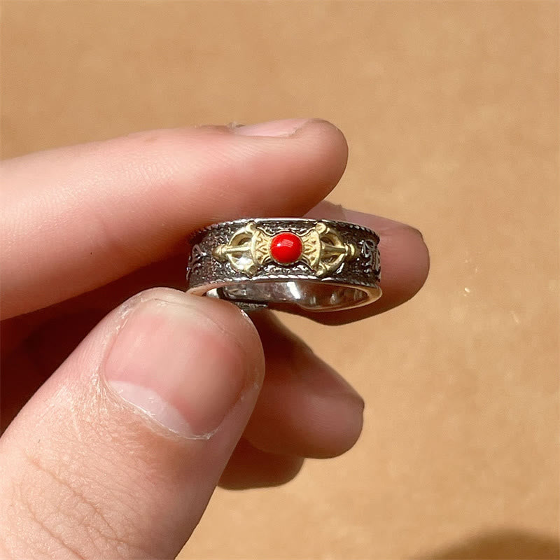 Fortune Jewel Tibetan Om Mani Padme Hum Red Agate Dorje Vajra Design Wisdom Ring