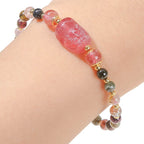Fortune Jewel Moonstone Strawberry Quartz Tourmaline PiXiu Healing Bracelet