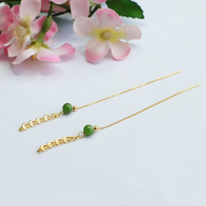 Fortune Jewel 925 Sterling Silver Natural Hetian Cyan Jade Bead Luck Phoenix Tail Drop Earrings