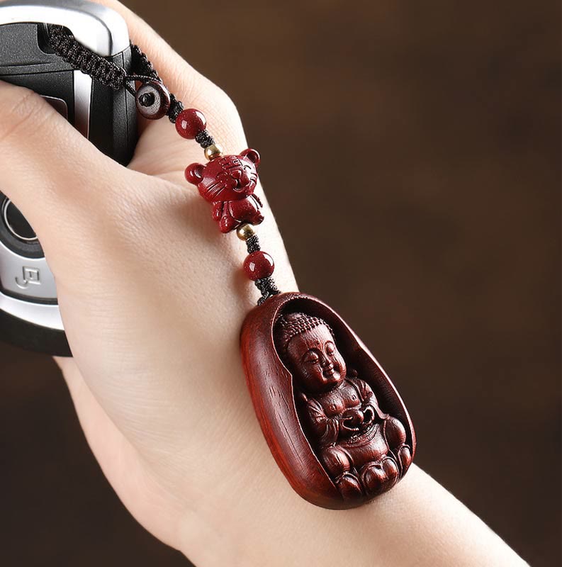 Fortune Jewel Small Leaf Red Sandalwood Buddha Cinnabar Chinese Zodiac Amulet Protection Key Chain