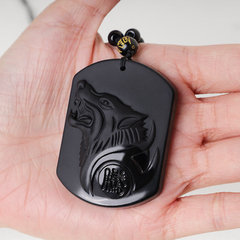 Fortune Jewel Black Obsidian Stone Wolf Purification Pendant Necklace