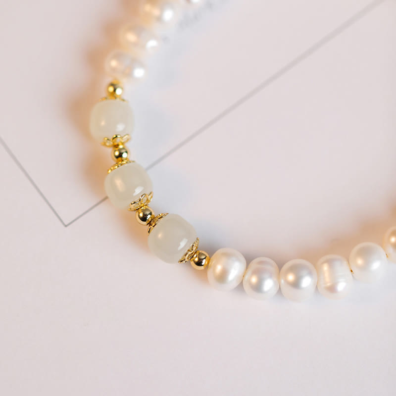 Fortune Jewel 14K Gold Plated Natural Pearl Hetian Cyan Jade White Jade Sincerity Bead Chain Bracelet