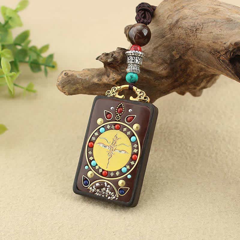 Fortune Jewel Tibet God of Wealth Thangka Ebony Peace Necklace Pendant