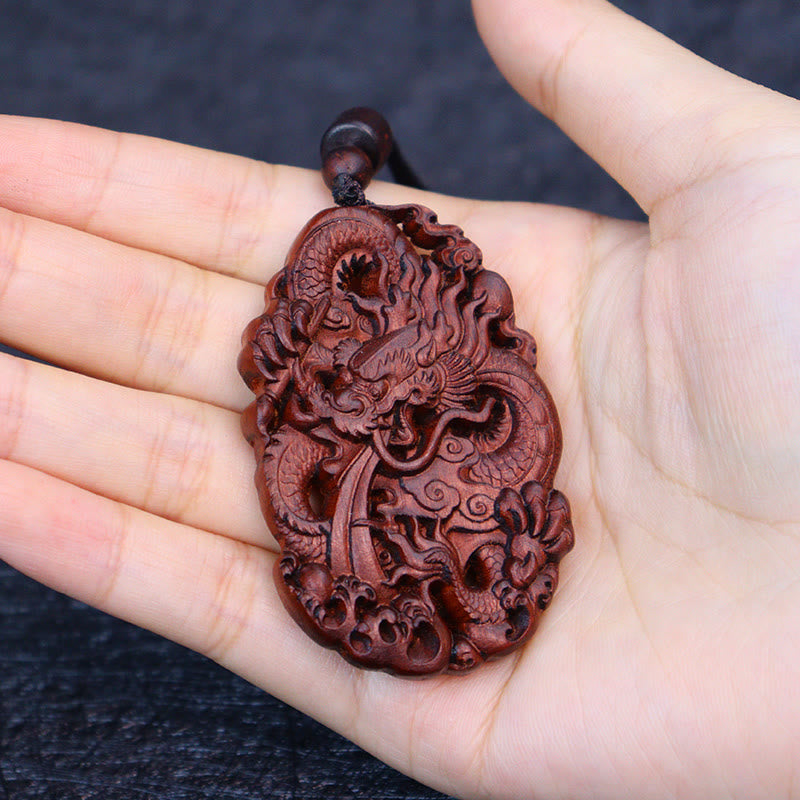 Fortune Jewel Lightning Struck Jujube Wood Double Dragon Relief Ward Off Evil Spirits Necklace Pendant