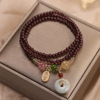 Fortune Jewel Natural Garnet Strawberry Quartz Crystal Fox Koi Fish Peace Buckle Fortune Protection Triple Wrap Bracelet