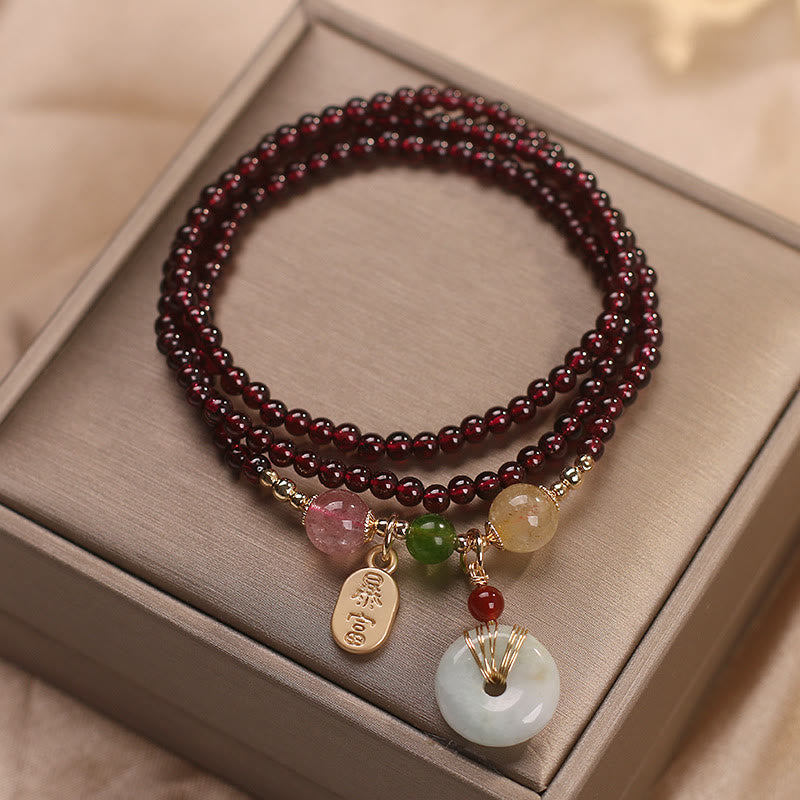 Fortune Jewel Natural Garnet Strawberry Quartz Crystal Fox Koi Fish Peace Buckle Fortune Protection Triple Wrap Bracelet