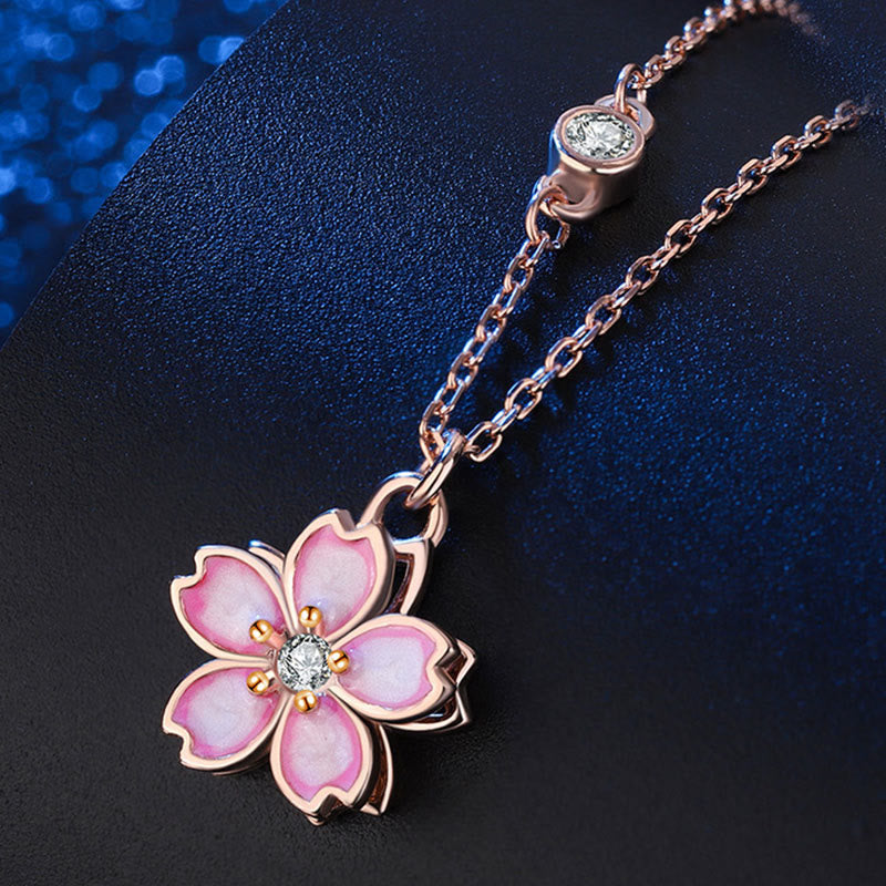 Fortune Jewel 925 Sterling Silver Cherry Blossom Flower Rotatable Protection Necklace Pendant