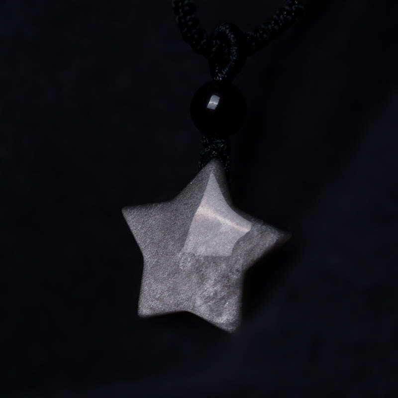 Fortune Jewel Natural Silver Sheen Obsidian Star Crescent Moon Protection Necklace Pendant