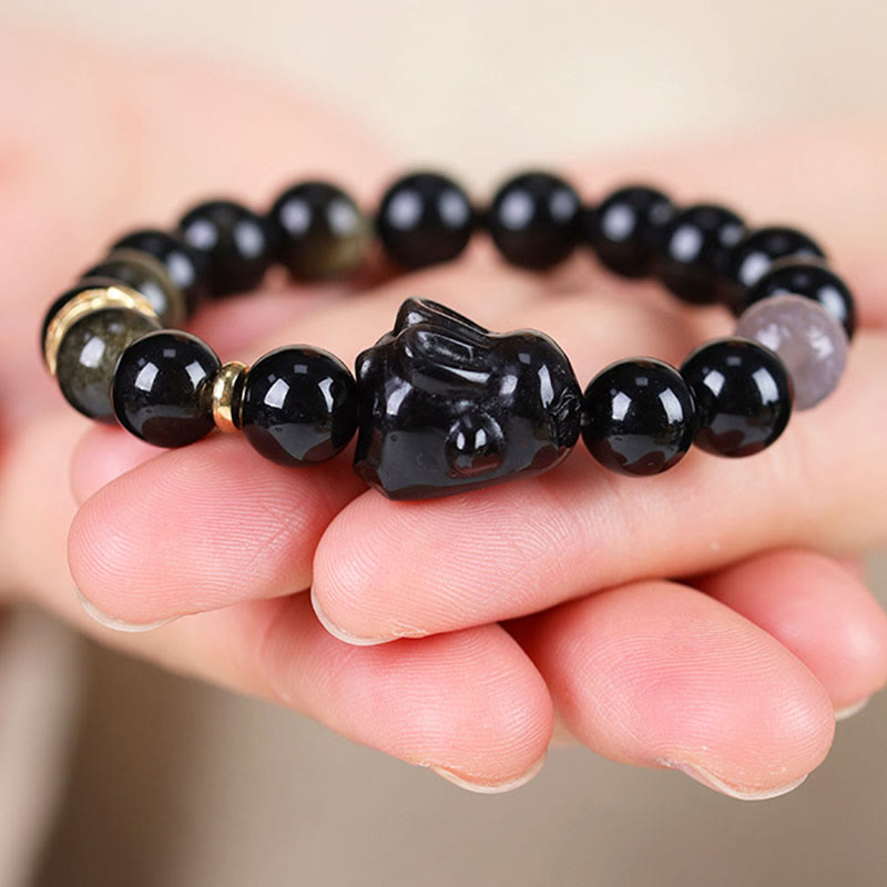 Fortune Jewel Gold Sheen Obsidian Black Obsidian Silver Sheen Obsidian Cute Rabbit Protection Bracelet