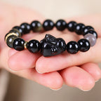 Fortune Jewel Gold Sheen Obsidian Black Obsidian Silver Sheen Obsidian Cute Rabbit Protection Bracelet
