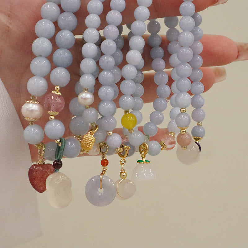 Fortune Jewel Natural Aquamarine Chalcedony Serenity Rabbit Gourd Cat Charm Bracelet