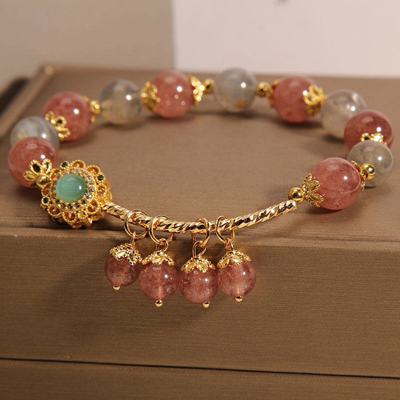 Fortune Jewel Strawberry Quartz Moonstone Healing Tassel Charm Bracelet
