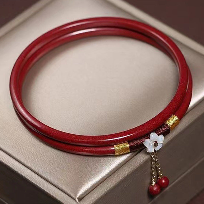 Fortune Jewel 2Pcs Cinnabar Flower Blessing Bangle Charm Bracelet