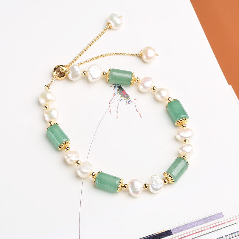 Fortune Jewel Green Aventurine Pearl Pink Crystal Bead Luck Bracelet