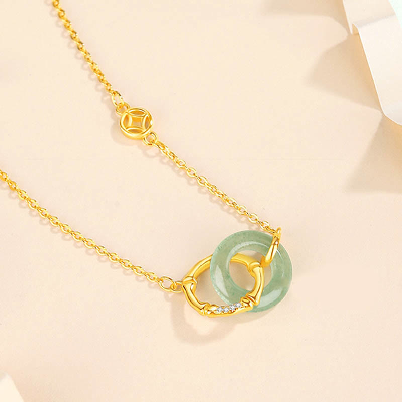 Fortune Jewel 925 Sterling Silver Natural Green Aventurine Peace Buckle Bamboo Coin Prosperity Necklace Pendant