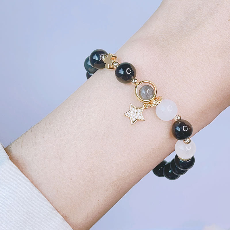 Fortune Jewel Natural Silver Sheen Obsidian Love Heart Star Flower Protection Bracelet