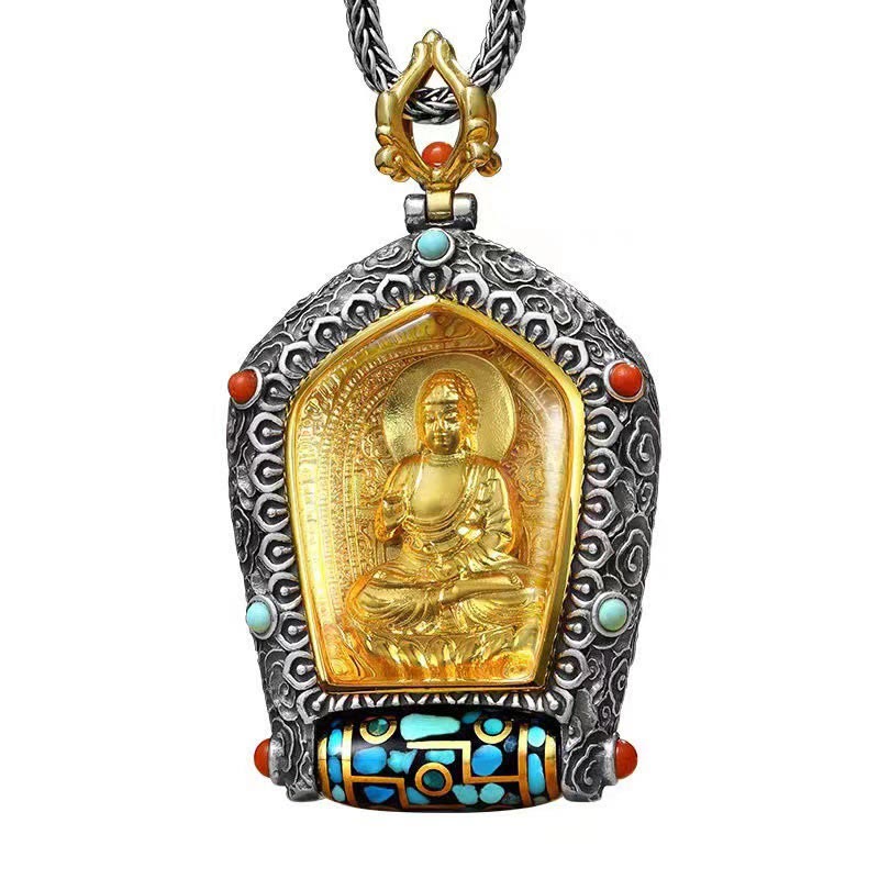 Fortune Jewel Tibet Chinese Zodiac Natal Buddha Thangka Prosperity Rotatable Dzi Bead Necklace Pendant Fortune Jewel