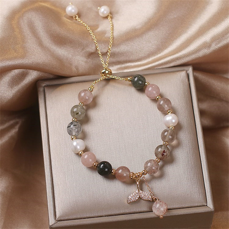 Fortune Jewel Strawberry Quartz Rutilated Quartz Fishtail Charm Healing Bracelet