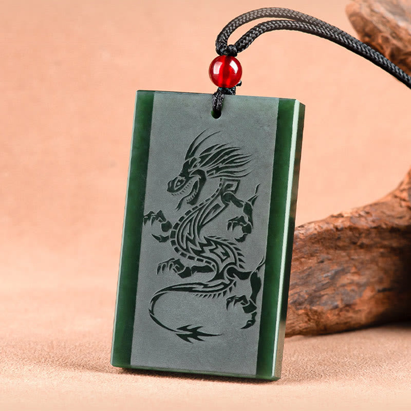 Fortune Jewel Hetian Cyan Jade Dragon Engraved Success Necklace Pendant Fortune Jewel