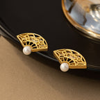 Fortune Jewel 925 Sterling Silver Posts Fan Pattern Pearl Copper Wisdom Stud Drop Earrings