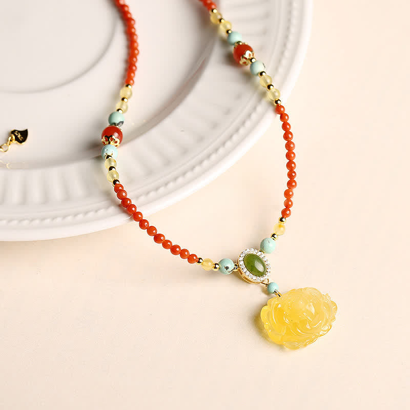 Fortune Jewel 925 Sterling Silver Natural Red Agate Amber Peony Confidence Charm Necklace Pendant