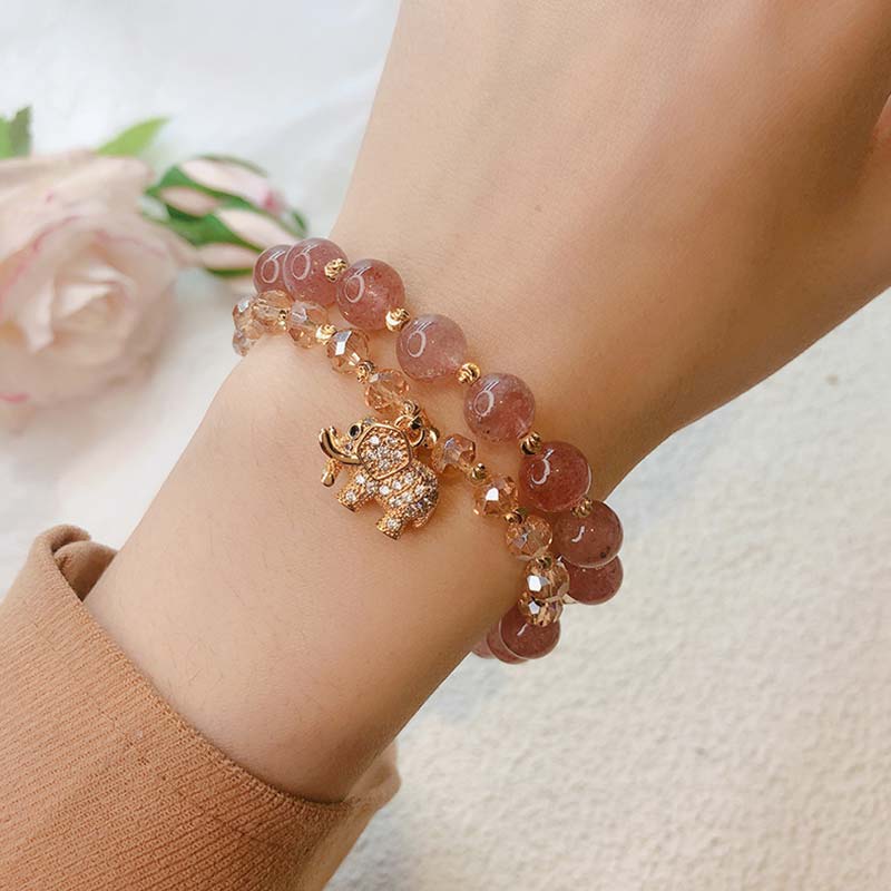 Fortune Jewel Rose Quartz Elephant Healing Energy Charm Bracelet