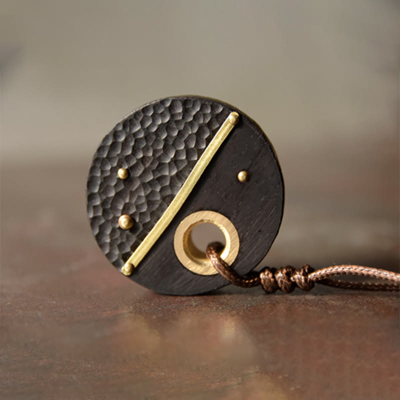 Fortune Jewel Handcrafted Round Ebony Wood Brass Copper Peace Necklace Pendant